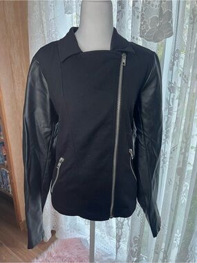 Forever 21 Black Faux Leather Sleeve Asymmetrical Zip Jacket Plus Size 1X